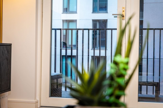 Airbnb balcony with decorative plant and outdoor view.