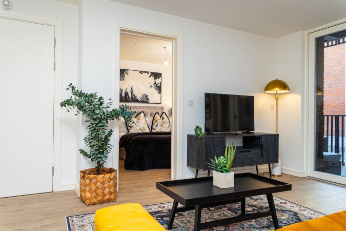 Modern Airbnb living room with decorative plants and comfortable seating.