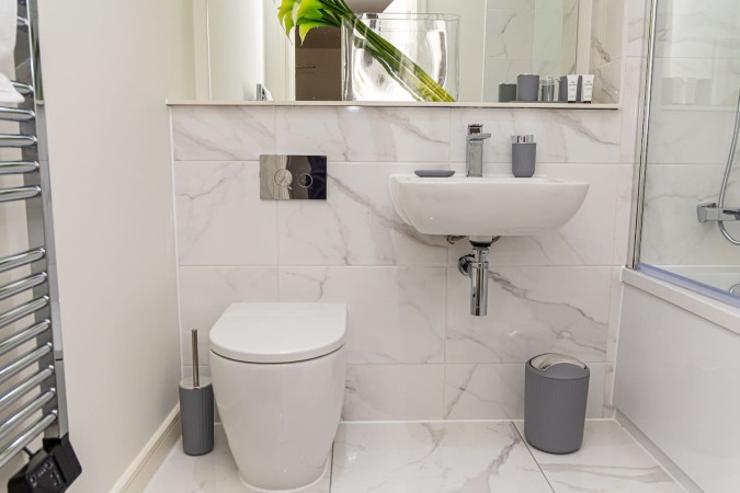 Modern Airbnb bathroom with clean contemporary interior.